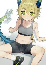 1other :&lt; alternate_costume androgynous bare_arms bare_shoulders bike_shorts black_footwear blonde_hair bottle bouhuman closed_mouth commentary_request commission coral_(summon_night) dragon_horns dragon_tail expressionless foot_out_of_frame green_eyes grey_sports_bra hair_between_eyes highres horns long_hair looking_at_viewer navel shadow shoes short_shorts shorts simple_background sitting skeb_commission sneakers socks sports_bra spread_legs stomach summon_night summon_night_4 sweat tail very_sweaty water_bottle white_background white_socks