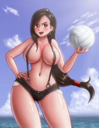 Rule 34 | 1girl, areolae visible through clothing, ball, black hair, black shorts, blush, breasts, brown eyes, covered erect nipples, ear piercing, earrings, female focus, final fantasy, final fantasy vii, hand on own hip, holding, holding ball, huge breasts, jewelry, light skin female, long hair, nipples, nipples covered, no shirt, no top, piercing, saf-404, short shorts, shorts, solo, square enix, suspenders, thighs, tifa lockhart, topless female, volleyball (object), wide hips