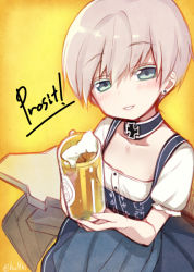 Rule 34 | 10s, 1girl, alcohol, alternate costume, apron, beer, beer mug, blue apron, blue eyes, blush, cross, cup, detached collar, dirndl, earrings, german clothes, iron cross, jewelry, kantai collection, looking at viewer, minamura haruki, mug, short hair, short sleeves, silver hair, simple background, smile, solo, z1 leberecht maass (kancolle)