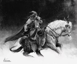 Rule 34 | 1other, armor, bloody wolf (elden ring), elden ring, from side, full armor, gauntlets, greyscale, helmet, highres, holding, holding reins, holding weapon, horseback riding, marvin (omarvin), monochrome, reins, riding, saddle, signature, solo, stirrups (riding), tarnished (elden ring), twin blades, weapon