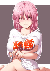 Rule 34 | 1girl, alternate costume, barefoot, bottomless, breast hold, breasts, casual, clothes lift, collarbone, hair between eyes, half-closed eyes, highres, large breasts, lifted by self, looking at viewer, nori tamago, out-of-frame censoring, pink hair, red eyes, saigyouji yuyuko, shirt, shirt lift, sitting, smile, solo, sweat, touhou, two-tone background, white shirt