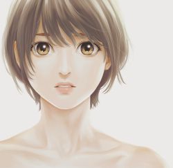 Rule 34 | 1girl, brown eyes, close-up, hare-kon., lips, looking at viewer, maezono koharu, non (mangaka), nude, parted lips, portrait, short hair, simple background, solo, upper body, white background