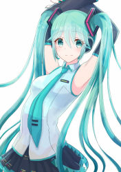 1girl 23-0 armpits arms_up bad_id bad_pixiv_id black_skirt black_sleeves blue_eyes blue_nails blue_necktie collared_shirt detached_sleeves female_focus hair_between_eyes hatsune_miku long_hair long_sleeves looking_at_viewer microphone miniskirt nail_polish necktie pleated_skirt shirt simple_background skirt sleeveless sleeveless_shirt smile solo standing twintails very_long_hair vocaloid white_background white_shirt wing_collar