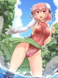 Rule 34 | 1girl, adapted costume, bandages, blush, breasts, bun cover, cameltoe, chain, cuffs, double bun, covered erect nipples, female focus, flower, highleg, highleg swimsuit, highres, ibaraki kasen, large breasts, looking at viewer, naked tabard, one-piece swimsuit, open mouth, pink eyes, pink hair, river, rose, sarong, shackles, short hair, sideboob, smile, solo, swimsuit, tabard, touhou, water, yoshi tama