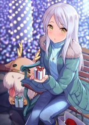 Rule 34 | 1girl, blurry, blurry background, blush, box, eve santaclaus, gift, gift box, highres, idolmaster, idolmaster cinderella girls, idolmaster cinderella girls starlight stage, jewelry, long hair, looking at viewer, necklace, open mouth, reindeer, tamakaga, white hair, yellow eyes