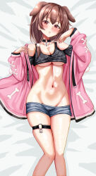 Rule 34 | 1girl, absurdres, animal ears, bare shoulders, bed sheet, breasts, brown eyes, brown hair, choker, cleavage, clothes lift, collarbone, cowboy shot, dog ears, highres, hololive, hololive gamers, inugami korone, jacket, large breasts, long sleeves, looking at viewer, lying, medium hair, navel, nootomo, off shoulder, on back, pink jacket, shirt lift, short shorts, shorts, solo, tank top, underboob, virtual youtuber