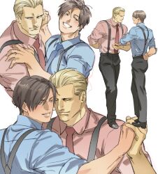 Rule 34 | 2boys, bara, black pants, blonde hair, blue shirt, blush, brown hair, closed eyes, closed mouth, collared shirt, couple, dancing, holding hands, jack krauser, leon s. kennedy, male focus, multiple boys, muscular, muscular male, necktie, pants, pink shirt, resident evil, resident evil 4, resident evil 4 (remake), shirt, short hair, simple background, smile, suspenders, tatsumi (psmhbpiuczn), teeth, white background, yaoi