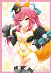 Rule 34 | 10s, 1girl, animal ears, bow, breasts, detached sleeves, fate/extra, fate/extra ccc, fate (series), fox ears, fox tail, hair bow, hair ribbon, hat, huge breasts, mini hat, mini top hat, official alternate costume, pink hair, ribbon, shibari, solo, suigetsu koubou, tail, tamamo no mae (fate/extra), tamamo no mae (sable mage) (fate), thighhighs, top hat, twintails, yellow eyes