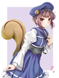 Rule 34 | 10s, 1girl, alternate costume, blush, brown eyes, brown hair, clothes writing, dress, frills, from side, hat, heart, jewelry, juliet sleeves, kantai collection, kemonomimi mode, long sleeves, looking to the side, m yumi fuwawa, puffy long sleeves, puffy sleeves, ring, sailor hat, short hair, smile, solo, squirrel tail, tail, yumibakama meme, z3 max schultz (kancolle)