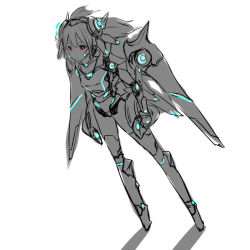 Rule 34 | 1girl, bodysuit, full body, glowing, grey theme, headpiece, machinery, mechanical wings, monochrome, red eyes, simple background, solo, spot color, standing, tiptoes, white background, wings, zaxwu