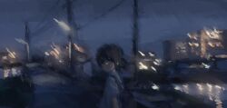 Rule 34 | 1boy, absurdres, anko1127, backpack, bag, black eyes, blurry, blurry background, commentary request, highres, looking at viewer, night, original, power lines, scenery, short hair, short sleeves, sky, solo, tagme