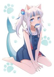 Rule 34 | 1girl, absurdres, animal ears, blue eyes, blue hair, breasts, casual, cat day, cat ears, cube hair ornament, fins, fish tail, gawr gura, gawr gura (casual), hair ornament, highres, hololive, hololive english, looking at viewer, medium breasts, multicolored hair, official alternate costume, shark girl, shark tail, short sleeves, side ponytail, solo, streaked hair, tail, tsumurimai, two-tone hair, virtual youtuber, white hair