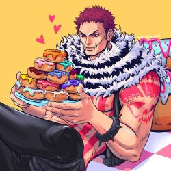Rule 34 | 1boy, arm tattoo, black pants, bracelet, charlotte katakuri, commentary, crossed legs, doughnut, ellie mehl, english commentary, eyelashes, fangs, fangs out, food, heart, holding, holding plate, jewelry, lying, male focus, one piece, pants, plate, purple hair, scarf, short hair, smile, solo, stitched mouth, stitches, tattoo, v-shaped eyebrows, yellow background