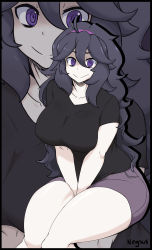 1girl @_@ absurdres ahoge artist_name breasts collarbone creatures_(company) curvy game_freak headband hex_maniac_(pokemon) highres large_breasts long_hair looking_at_viewer negsus nintendo pokemon pokemon_xy purple_eyes purple_hair shirt shorts sitting smile solo thick_thighs thighs zoom_layer