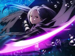Rule 34 | 1girl, artist request, black cloak, chain, cloak, cross hair ornament, game cg, hair ornament, holding, holding weapon, long hair, looking at viewer, mito (sao), official art, open mouth, ponytail, purple hair, solo, sword art online, sword art online: unelashed blading, torn, torn cloak, torn clothes, water drop, weapon