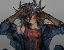 Rule 34 | 1boy, antenna hair, arms up, black hair, black shirt, blue eyes, blue jacket, blush, brown gloves, clenched teeth, crying, crying with eyes open, facial tattoo, facing viewer, fudo yusei, gloves, grey background, implied attack, jacket, looking at viewer, male focus, mokopuru, open clothes, open jacket, open mouth, shirt, shoulder plates, single bare shoulder, sleeveless, sleeveless shirt, spiked hair, streaming tears, tattoo, tearing up, tears, teeth, yu-gi-oh!, yu-gi-oh! 5d&#039;s