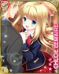 Rule 34 | 1boy, 1girl, :d, blonde hair, blue eyes, blue jacket, bow, cafe, card, character name, chloe lemaire, day, father and daughter, girlfriend (kari), indoors, jacket, long hair, official art, open mouth, plaid, plaid skirt, qp:flapper, red bow, red neckwear, red skirt, school uniform, shirt, skirt, smile, table, tagme, white shirt, wooden floor