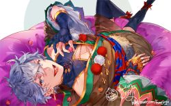 Rule 34 | 1boy, alternate costume, black gloves, black thighhighs, blue eyes, cleavage cutout, clothing cutout, cushion, eating, ensemble stars!, funpjinju, gloves, japanese clothes, kimono, looking at viewer, lying, male focus, off shoulder, on back, open mouth, partially fingerless gloves, pectorals, pom pom (clothes), sena izumi (ensemble stars!), signature, silver hair, smile, solo, thighhighs