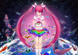 Rule 34 | 1girl, ^ ^, alternate hair color, american flag, australian flag, closed eyes, earth (planet), closed eyes, flag print, french flag, german flag, hatsune miku, highres, japanese flag, long hair, magenta (atyana), multicolored clothes, multicolored skirt, origami, paper crane, people&#039;s republic of china flag, personification, pink hair, planet, print shirt, shirt, skirt, smile, solo, twintails, union jack, very long hair, vocaloid