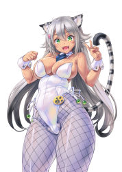 Rule 34 | 1girl, :d, animal ears, breasts, cowboy shot, dark-skinned female, dark skin, detached collar, fangs, fishnet pantyhose, fishnets, green eyes, kittysuit, kiyama satoshi, large breasts, leotard, long hair, looking at viewer, necktie, nontraditional playboy bunny, open mouth, original, pantyhose, paw pose, simple background, smile, solo, tail, tiger ears, tiger tail, v, very long hair, white background, wrist cuffs