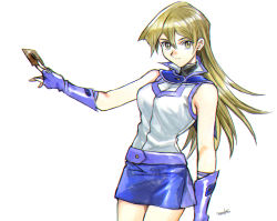 Rule 34 | 1girl, 203wolves, blonde hair, blue gloves, blue skirt, breasts, brown eyes, card, closed mouth, cowboy shot, duel academy uniform (yu-gi-oh! gx), elbow gloves, fingerless gloves, floating hair, gloves, hair between eyes, highres, holding, holding card, long hair, looking at viewer, medium breasts, miniskirt, shirt, signature, simple background, sketch, skirt, sleeveless, sleeveless shirt, solo, standing, straight hair, tenjouin asuka, very long hair, white background, white shirt, yu-gi-oh!, yu-gi-oh! gx