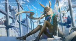 Rule 34 | 1girl, ;), absurdres, amiya (arknights), animal ears, anklet, arknights, artist name, bird, black coat, black footwear, black pantyhose, blue eyes, blue skirt, blue sky, brown hair, closed mouth, coat, day, floating hair, full body, highres, jewelry, knees up, lens flare, long hair, long sleeves, low ponytail, miniskirt, multiple rings, one eye closed, open clothes, open coat, outdoors, pantyhose, rabbit ears, railing, ring, ruins, shoes, sitting, skirt, sky, smile, solo, teatix, thighlet, very long hair, watermark, web address, wind