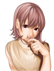 Rule 34 | 1girl, bare shoulders, brown eyes, brown hair, brown sweater, candy, food, food in mouth, highres, holding, holding candy, holding food, lollipop, looking at viewer, medium hair, original, simple background, solo, sorasorarian, sweater, turtleneck, upper body, white background