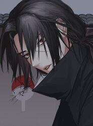 Rule 34 | 1boy, black hair, facial mark, grey background, hair between eyes, hand fan, high collar, highres, hxxnuat, looking at viewer, low ponytail, male focus, naruto (series), pale skin, parted bangs, parted lips, red eyes, sharingan, solo, twitter username, uchiha itachi, upper body