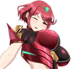 Rule 34 | 1girl, absurdres, ahoge, artist request, blush, breasts, circlet, highres, large breasts, nintendo, one eye closed, open mouth, pyra (xenoblade), red eyes, red hair, short hair, solo, xeno (series), xenoblade chronicles (series), xenoblade chronicles 2