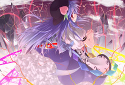 Rule 34 | 1girl, blouse, blue hair, blue skirt, boulder, female focus, food, frills, fruit, gathers, own hands clasped, hat, hinanawi tenshi, lightning, long hair, own hands together, peach, petticoat, puffy short sleeves, puffy sleeves, razy (skuroko), red eyes, shirt, short sleeves, skirt, solo, too many, touhou, white shirt