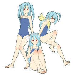 Rule 34 | 3girls, ahoge, aitatata!, barefoot, blue hair, bow, competition school swimsuit, feet, flat chest, futaba channel, hair bow, hairband, koronu, koronu korinne, legs, multiple girls, one-piece swimsuit, red eyes, school swimsuit, sitting, sketch, soles, swimsuit, toes, twintails