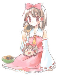 Rule 34 | 1girl, :d, bow, bowl, closed mouth, detached sleeves, disembodied head, eating, female focus, food, hair bow, hair tubes, hakurei reimu, holding, kuguri oimo, long sleeves, open mouth, red bow, ribbon-trimmed sleeves, ribbon trim, seiza, senbei, sitting, sitting on lap, sitting on person, smile, solo, sweatdrop, touhou, yukkuri shiteitte ne