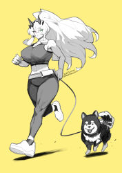Rule 34 | 1girl, breasts, crop top, dated, dog, barghest (fate), fate/grand order, fate (series), greyscale with colored background, heterochromia, huge breasts, jogging, leash, long hair, midriff, pants, ponytail, shatou (c-com), tight clothes, tight pants, track pants, twitter username, yellow background
