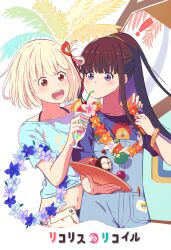 Rule 34 | !, 2girls, absurdres, bikini, bikini under clothes, black hair, blonde hair, blue nails, blue shirt, blush, bracelet, bush, chai haru, collarbone, commentary request, copyright name, cropped legs, cropped shirt, cup, drinking, drinking straw, drinking straw in mouth, flower, hair ribbon, hand up, highres, holding, holding cup, inoue takina, jewelry, lycoris recoil, midriff, multiple girls, nail polish, navel, nishikigi chisato, official alternate costume, official alternate hairstyle, one side up, open clothes, open mouth, open shorts, overalls, ponytail, purple eyes, red eyes, red ribbon, ribbon, shirt, short hair, short sleeves, shorts, sidelocks, simple background, smile, spoken exclamation mark, swimsuit, teeth, tray, upper teeth only, white background
