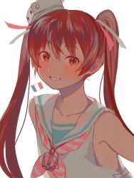 Rule 34 | 1girl, anchor, brown eyes, brown hair, dark-skinned female, dark skin, dress, grin, hat, highres, italian flag, kantai collection, kumofuki, libeccio (kancolle), long hair, looking at viewer, mini hat, sailor dress, simple background, sleeveless, sleeveless dress, smile, solo, striped neckwear, tan, tilted headwear, twintails, upper body, white background, white hat