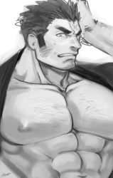Rule 34 | 1boy, abs, bara, bare pectorals, chest hair, cross scar, facial hair, greyscale, hand on own head, harada (basashi), houzouin oniwaka, large pectorals, long sideburns, looking at viewer, male focus, mature male, monochrome, muscular, muscular male, navel, nipples, open clothes, open shirt, pectorals, portrait, scar, scar on face, scar on forehead, short hair, sideburns, sketch, solo, stomach, stubble, sweatdrop, thick eyebrows, tokyo houkago summoners, upper body