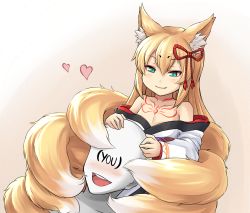 Rule 34 | 1girl, 1other, animal ear fluff, animal ears, bare shoulders, blonde hair, blush, breasts, chest tattoo, commentary, english commentary, faceless, fang, fox ears, fox tail, green eyes, hair ornament, hair ribbon, heart, highres, japanese clothes, kitsune, kuron hakaisha, long hair, mon-musu quest!, monster girl, multiple tails, ribbon, simple background, smile, tail, tamamo (mon-musu quest!), tattoo, tomoe (symbol)