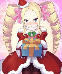 Rule 34 | 1girl, alternate costume, bare shoulders, beatrice (re:zero), black pantyhose, blonde hair, blue eyes, blush, box, butterfly-shaped pupils, christmas, christmas present, commentary request, dress, drill hair, fur trim, gift, gift box, hair ribbon, hat, holding, holding gift, incoming gift, long hair, looking at viewer, nose blush, off-shoulder dress, off shoulder, open mouth, pantyhose, pink ribbon, re:zero kara hajimeru isekai seikatsu, red dress, ribbon, s (hdru2332), santa costume, santa dress, santa hat, sidelocks, solo, symbol-shaped pupils, twin drills