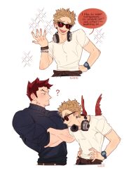 Rule 34 | 2boys, 2koma, ?, black-framed eyewear, black sweater, blonde hair, blue eyes, boku no hero academia, bombyoon, bracelet, closed mouth, comic, cropped torso, crossed arms, earrings, endeavor (boku no hero academia), english text, facial hair, feathered wings, goatee stubble, hand on own hip, hands on own hips, hawks (boku no hero academia), headphones, headphones around neck, highres, jewelry, large pectorals, looking at another, male focus, multiple boys, open mouth, pectorals, red hair, red wings, shirt, short hair, short sleeves, simple background, smile, speech bubble, standing, stubble, sunglasses, sweater, upper body, watch, white background, white shirt, wings, wristwatch