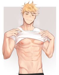 Rule 34 | 1boy, abs, absurdres, bara, bare pectorals, blonde hair, clothes lift, granblue fantasy, highres, lifting own clothes, looking at viewer, male focus, navel, nipples, pectorals, shirt, shirt lift, short hair, solo, spiked hair, stomach, toned, toned male, upper body, vane (granblue fantasy), wet, white shirt, zhineart