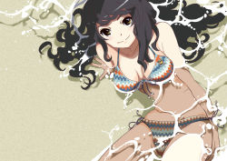 Rule 34 | 1girl, arm support, bare shoulders, beach, bikini, black hair, blush, breasts, brown eyes, character request, cleavage, collarbone, front-tie top, long hair, looking at viewer, medium breasts, partially submerged, saiguchi otoufu, side-tie bikini bottom, sitting, smile, solo, submerged, swimsuit, water