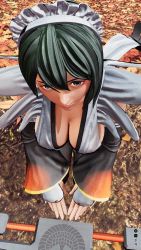 Rule 34 | 1girl, 3d, apron, arms under breasts, black hair, breast focus, breasts, highres, iroha (samurai spirits), large breasts, lips, looking to the side, maid, maid headdress, ryona, samurai spirits, screencap, short hair, solo, third-party edit, weapon, wide hips