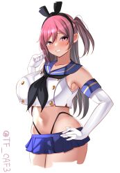 Rule 34 | 1girl, black hairband, black neckerchief, black panties, blue sailor collar, blue skirt, blush, breasts, brown eyes, cosplay, crop top, elbow gloves, gloves, hagikaze (kancolle), hairband, hand on own hip, highleg, highleg panties, highres, huge breasts, kantai collection, long hair, looking at viewer, microskirt, navel, neckerchief, one side up, panties, purple hair, sailor collar, shimakaze (kancolle), shimakaze (kancolle) (cosplay), skirt, smile, solo, striped, tf cafe, thong, twitter username, underwear, white background, white gloves
