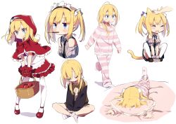 Rule 34 | 1girl, absurdres, amaryllis gumi, animal ear fluff, animal ears, apple, apron, bare shoulders, basket, bed sheet, between legs, black neckwear, blonde hair, blue eyes, blue shorts, blue vest, blush, bow, brown footwear, brown shirt, capelet, cat ears, cat girl, cat tail, closed eyes, closed mouth, collarbone, collared shirt, commentary request, crossed ankles, detached sleeves, fingerless gloves, food, food in mouth, frilled apron, frilled capelet, frilled skirt, frills, fruit, gloves, grey gloves, grey shirt, hair between eyes, hair bow, hand between legs, headpat, highres, holding, holding basket, hood, hood down, hood up, hooded capelet, hooded jacket, jacket, kemonomimi mode, kotohara hinari, leaning to the side, loafers, long hair, loungewear, low twintails, lying, maid headdress, mouth hold, multiple views, necktie, on stomach, open mouth, out of frame, pants, pillow, pocky, puffy short sleeves, puffy sleeves, purple bow, red apron, red bow, red capelet, red footwear, red gloves, red shirt, red skirt, ribbed gloves, ribbed shirt, shirt, shoes, short shorts, short sleeves, shorts, sitting, skirt, sleeveless, sleeveless shirt, smile, socks, standing, striped clothes, striped jacket, striped pants, striped thighhighs, tail, tama (tama-s), thighhighs, twintails, vest, virtual youtuber, waist apron, white apron, white thighhighs