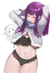 Rule 34 | 2girls, absurdres, adjusting hair, arms up, black bra, black panties, blunt bangs, bra, breasts, commentary request, cowboy shot, cropped jacket, fern (sousou no frieren), fish (red star child), frieren, grey jacket, highres, jacket, large breasts, long hair, long sleeves, looking at viewer, mouth hold, multiple girls, navel, one eye closed, panties, purple eyes, purple hair, purple scarf, scarf, simple background, solo focus, sousou no frieren, stomach, thick thighs, thighs, underwear, white background