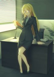 Rule 34 | 10s, 1girl, ayase eli, bespectacled, blonde hair, blue eyes, chair, chromatic aberration, clipboard, desk, formal, glasses, high heels, long hair, looking at viewer, love live!, love live! school idol festival, love live! school idol project, nagareboshi, office, office lady, pencil skirt, phone, skirt, skirt suit, solo, suit, window