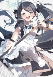 Rule 34 | 1girl, absurdly long hair, absurdres, alternate costume, apron, aqua ribbon, aris (blue archive), aris (maid) (blue archive), black dress, black hair, blue archive, blush, borrowed clothes, broom, dress, enmaided, halo, higa (gominami), highres, holding, holding broom, long hair, looking at viewer, maid, maid headdress, neck ribbon, official alternate costume, petticoat, pinafore dress, ponytail, ribbon, simple background, sleeveless, sleeveless dress, smile, solo, splashing, swept bangs, teeth, upper teeth only, very long hair, white apron, white background