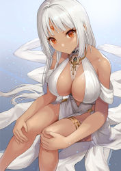 Rule 34 | 1girl, azur lane, bad id, bad pixiv id, bare legs, bare shoulders, breasts, choker, cleavage, dark-skinned female, dark skin, dress, facial mark, forehead mark, jewelry, large breasts, looking at viewer, massachusetts (azur lane), massachusetts (dressed to impress) (azur lane), mokyumokyuchan, necklace, red eyes, revealing clothes, silver hair, solo, thighlet, thighs, white dress