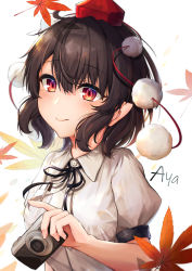 Rule 34 | 1girl, absurdres, autumn leaves, black bow, black bowtie, blush, bow, bowtie, breasts, brown hair, buttons, camera, character name, closed mouth, collared shirt, commentary request, fingernails, hair between eyes, hand up, hat, highres, hira-san, leaf, looking at viewer, medium breasts, pen, pocket, pointy ears, pom pom (clothes), puffy short sleeves, puffy sleeves, red eyes, red hat, shameimaru aya, shirt, short hair, short sleeves, smile, solo, tokin hat, touhou, upper body, white background, white shirt