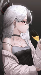 Rule 34 | 1girl, absurdres, black choker, black dress, black hair, black horns, blue archive, blush, choker, closed mouth, cup, demon horns, dress, gimseol, grey hair, grey halo, grey jacket, hair between eyes, halo, highres, holding, holding cup, horns, jacket, kayoko (blue archive), kayoko (dress) (blue archive), long hair, long sleeves, multicolored hair, official alternate costume, open clothes, open jacket, red eyes, solo, upper body